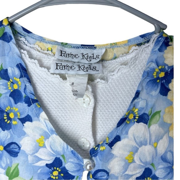 VTG 90's FAME KIDS White T shirt Dress with Blue Yellow Floral Pinafore Sz 6X - Picture 4 of 7